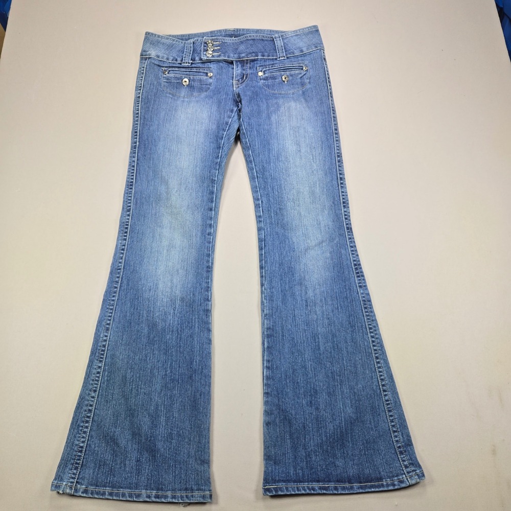 Streetwear Society Flare Jeans Y2K Low Rise Wide Leg Blue Denim Womens Size‎ 11